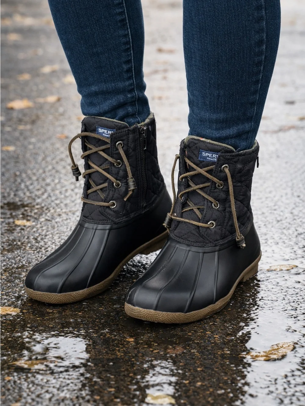 Sperry Women's Black Quilted Duck Boots Lace/Zip Up Rain/Snow/Waterproof Size 7